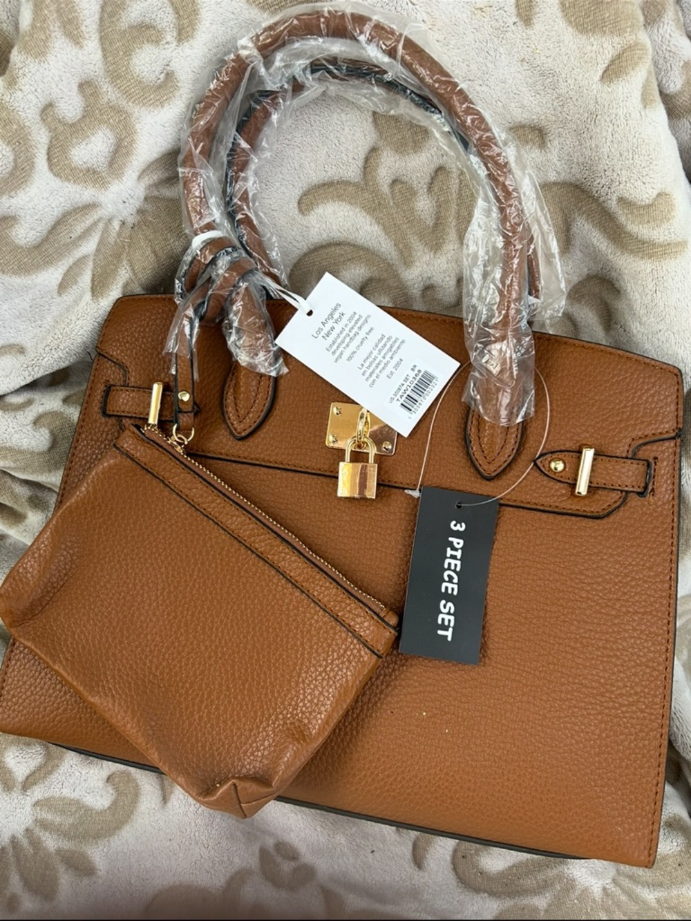 3 pc. Structured Tan Tote Bag with Gold Hardware - Picture 2 of 4